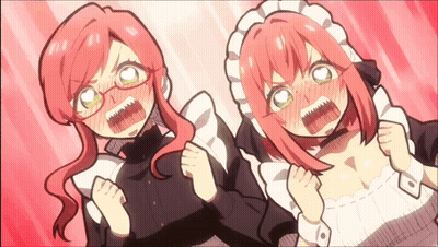 Two Anime Girls With Pink Hair and Glasses Mouths Open