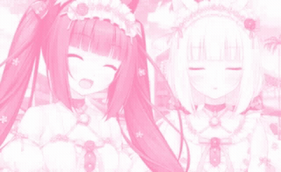 Two Anime Girls With Pink Hair Standing Together GIF