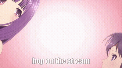 Two Anime Girls With Purple Hair Hop On The Stream GIF