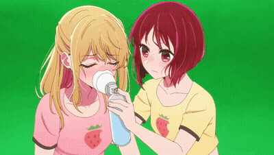 Two Anime Girls With Strawberries On Their Shirts Are Standing Next To Each Other GIF
