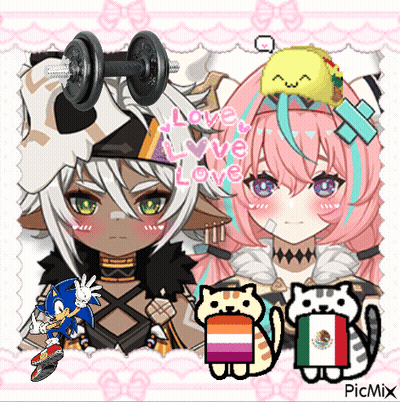 Two Anime Girls With Taco On Head And Sonic Holding Dumbbell GIF