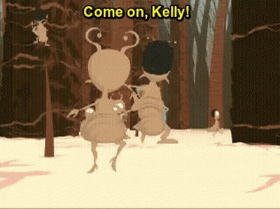Two Ants Are Dancing In The Snow With The Words Come On Kelly GIF