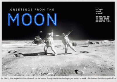 Two Astronauts On The Moon With The Words Greetings From The Moon Above Them GIF