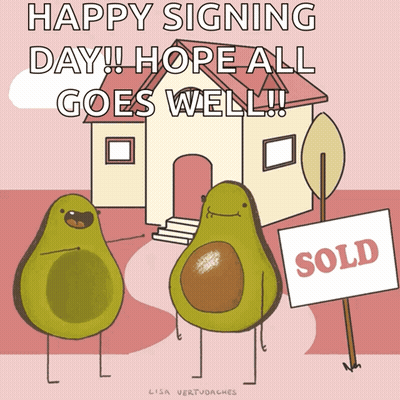 Two Avocados Are Standing In Front Of A House And A Sold Sign GIF