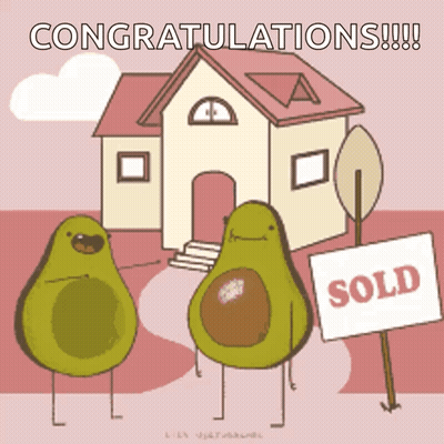Two Avocados Are Standing In Front Of A House With A Sold Sign In Front Of Them GIF