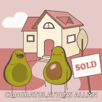 Two Avocados Standing In Front Of A House With A Sold Sign In Front Of Them GIF