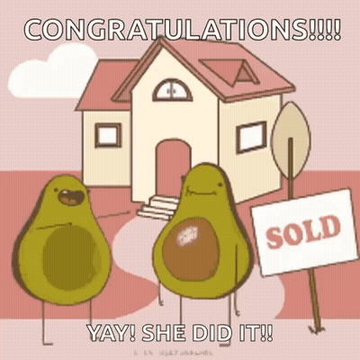 Two Avocados Standing In Front Of A House With A Sold Sign In Front Of Them GIF