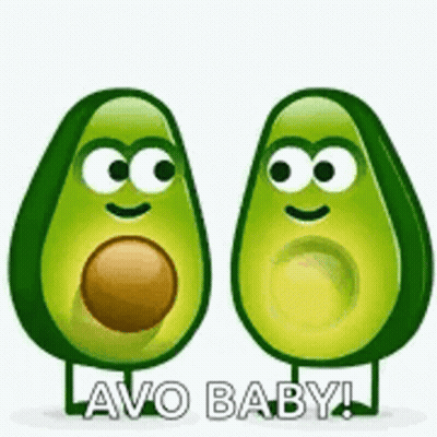 Two Avocados With Faces Holding Hands GIF