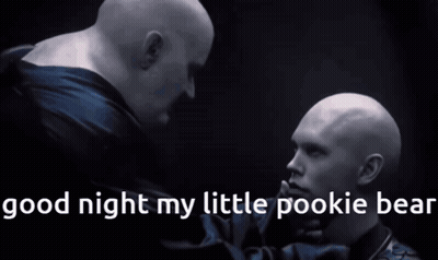 Two Bald Men Are Standing Next To Each Other With The Words " Good Night My Little Pookie Bear " Below Them GIF