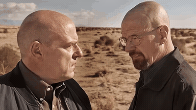 Two Bald Men Looking At Each Other In Desert GIF
