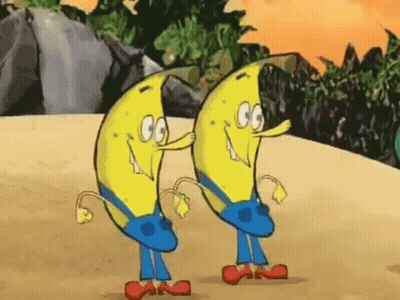 Two Bananas In Blue Overalls And Red Shoes Are Standing Next To Each Other GIF