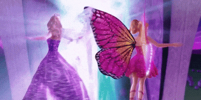Two Barbie Dolls Next To Butterfly Wing GIF