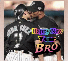 Two Baseball Players Are Kissing With The Words Happy New Year Bro GIF