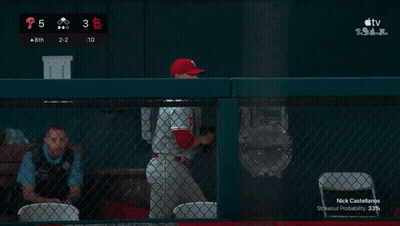 Two Baseball Players Are Standing In The Dugout And One Has The Name Marta On His Back GIF