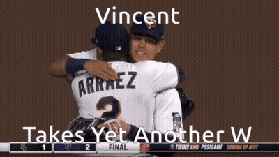 Two Baseball Players Hugging Each Other With The Words Vincent Takes Yet Another W At The Bottom GIF