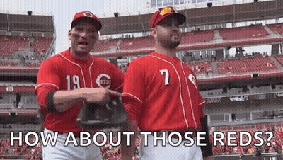 Two Baseball Players In Red Uniforms Are Standing Next To Each Other In A Stadium . GIF