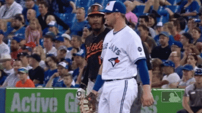 Two Baseball Players In Stadium One In Blue Jays Jersey GIF