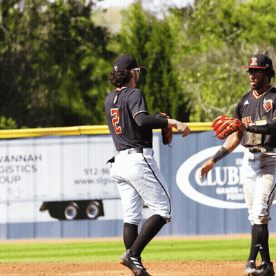 Two Baseball Players On A Field With An Ad For Vannah Logistics Group In The Background GIF
