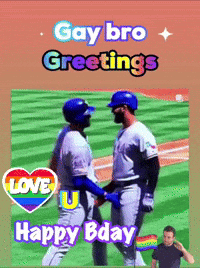Two Baseball Players Shaking Hands On A Field With The Words " Gay Bro Greetings " Above Them GIF