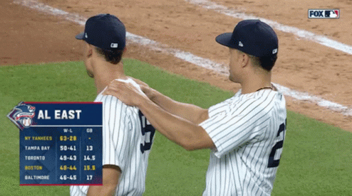 Two Baseball Players Standing Next To Each Other On A Field With A Fox Advertisement Behind Them GIF