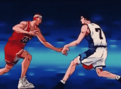 Two Basketball Players Are Holding Hands While Playing Basketball And One Has The Number 7 On His Jersey . GIF