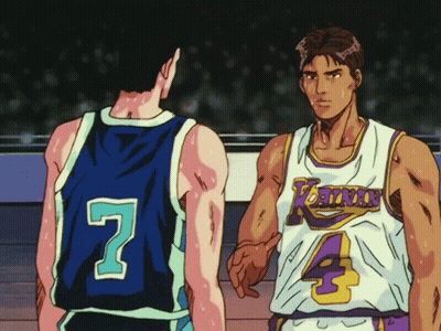 Two Basketball Players Are Standing Next To Each Other And One Has The Number 7 On His Back GIF