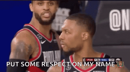 Two Basketball Players Are Standing Next To Each Other And One Of Them Is Saying " Put Some Respect On My Name " . GIF