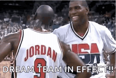 Two Basketball Players Are Standing Next To Each Other And One Of Them Is Wearing A Jersey That Says Jordan On It . GIF
