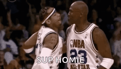 Two Basketball Players Are Standing Next To Each Other On A Court And One Of Them Is Saying `` Sup Homie '' . GIF