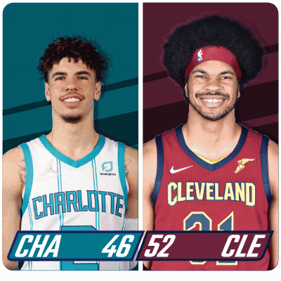 Two Basketball Players From Charlotte And Cleveland Are Standing Next To Each Other GIF