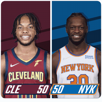 Two Basketball Players From Cleveland And New York Are Shown GIF
