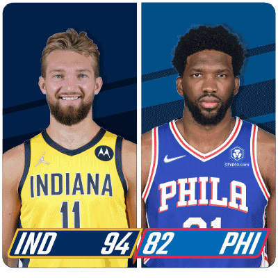 Two Basketball Players From Indiana And Philadelphia Are Standing Next To Each Other GIF