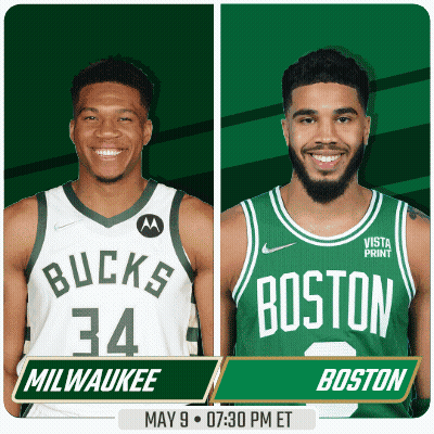 Two Basketball Players From Milwaukee And Boston Are On A Green Background GIF