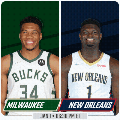 Two Basketball Players From Milwaukee And New Orleans Standing Together GIF