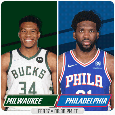 Two Basketball Players From Milwaukee And Philadelphia Are Standing Next To Each Other GIF