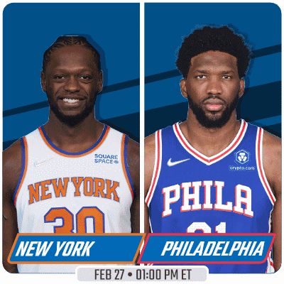 Two Basketball Players From New York And Philadelphia Are Standing Next To Each Other GIF