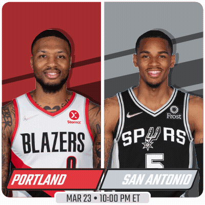 Two Basketball Players From Portland And San Antonio Are Shown GIF