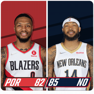 Two Basketball Players From The Blazers And New Orleans Are Standing Next To Each Other GIF