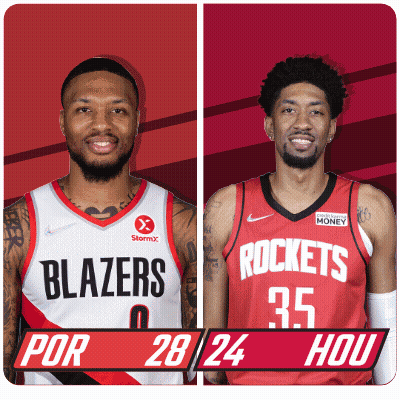 Two Basketball Players From The Blazers And The Rockets Are Standing Next To Each Other GIF