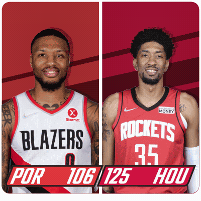 Two Basketball Players From The Blazers And The Rockets Are Standing Next To Each Other GIF