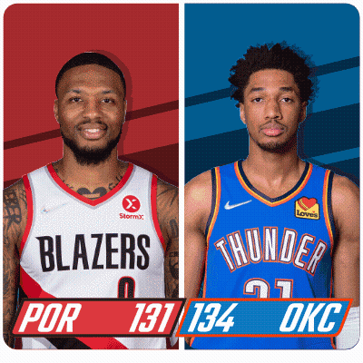 Two Basketball Players From The Blazers And The Thunder Are Shown GIF