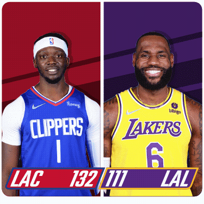 Two Basketball Players From The Clippers And Lakers Are Standing Next To Each Other GIF