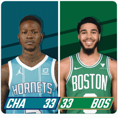 two basketball players from the hornets and boston are standing next to each other