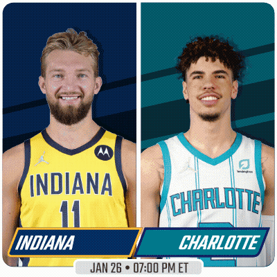 Two Basketball Players From The Indiana And Charlotte Teams Are Standing Next To Each Other GIF