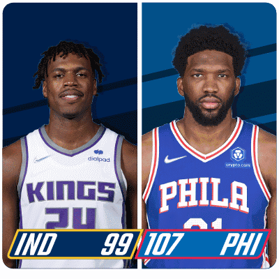 Two Basketball Players From The Kings And Philadelphia Are Standing Next To Each Other GIF