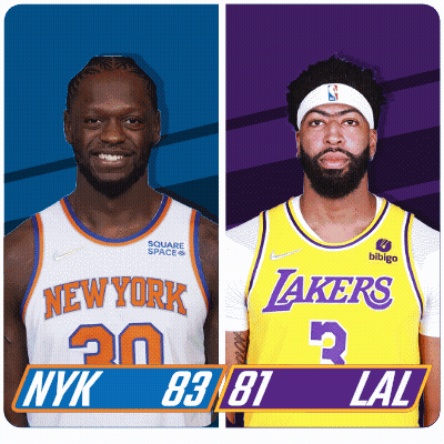 Two Basketball Players From The New York Knicks And The Lakers GIF