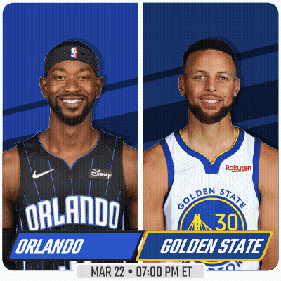Two Basketball Players From The Orlando Magic And Golden State Warriors Are On A Blue Background GIF