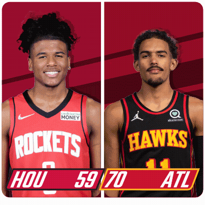 Two Basketball Players From The Rockets And The Hawks Are Standing Next To Each Other GIF