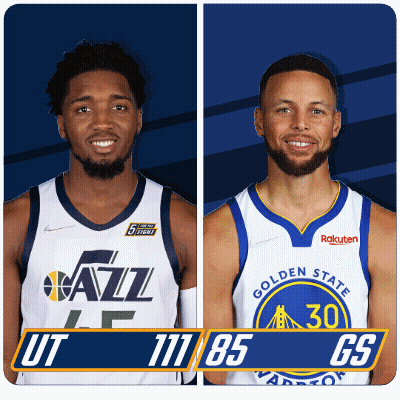 Two Basketball Players From The Utah Jazz And Golden State Warriors Are Standing Next To Each Other GIF