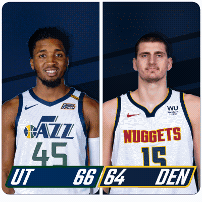 Two Basketball Players From The Utah Jazz And The Denver Nuggets Are Standing Next To Each Other GIF